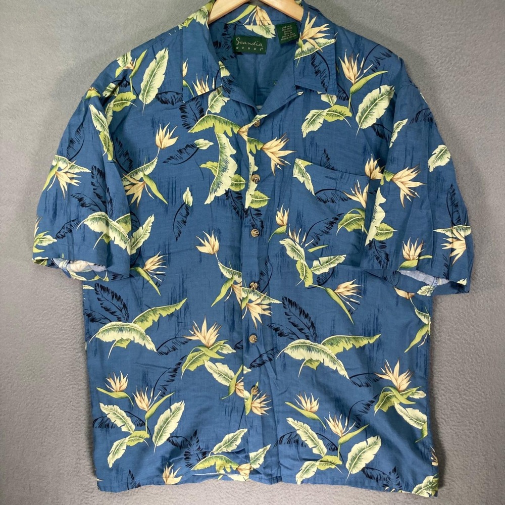 Scandia Woods Mens Large Hawaiian Shirt Blue Bird Of Paradise Tropical Button Up